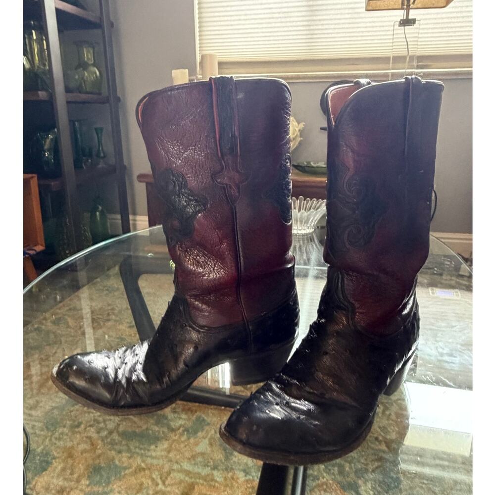 Vintage Black Ostrich & Burgundy Cowboy Boots, Mens 8.5D